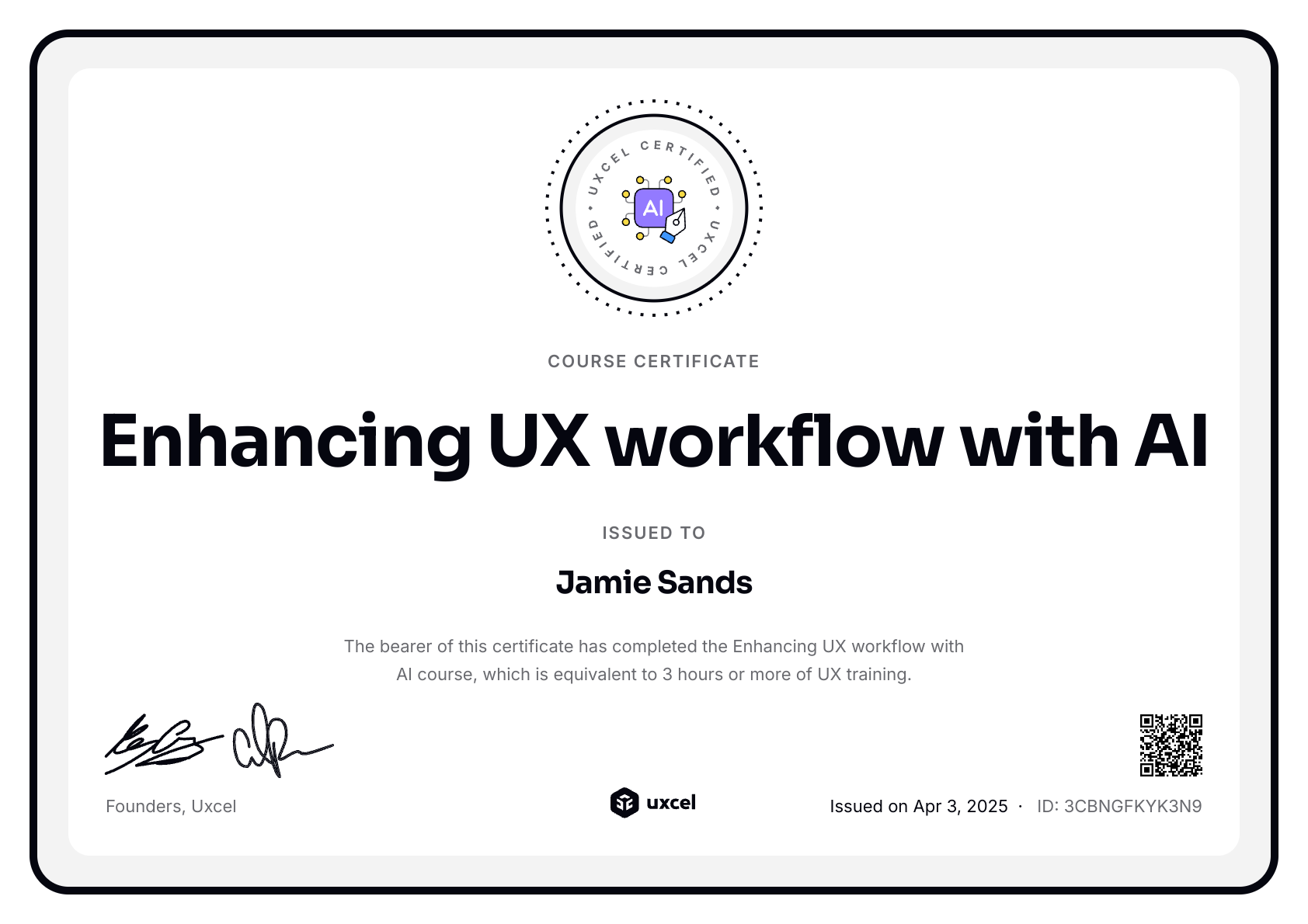 Jamie Sands's certificate